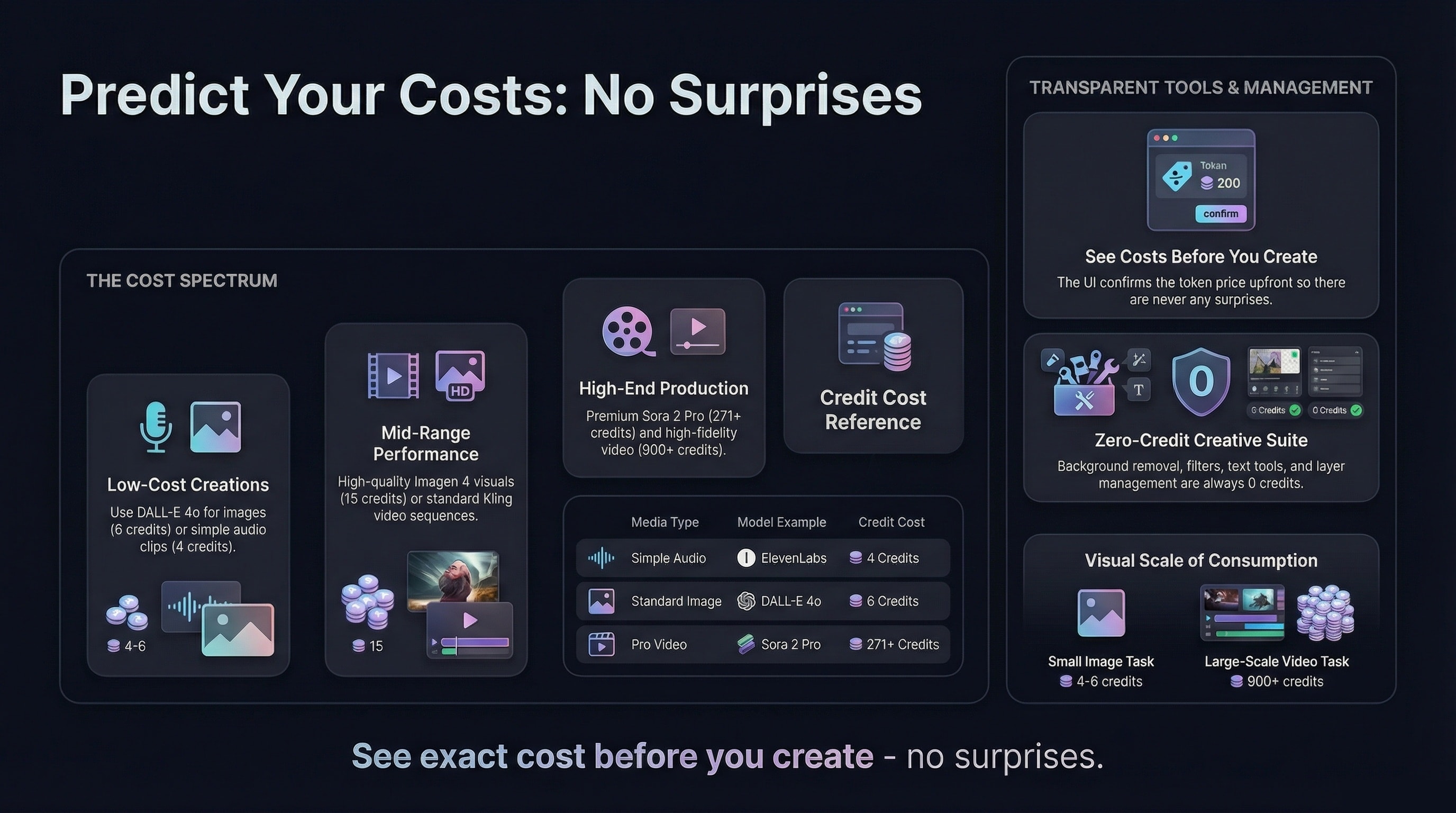 Predict your AI generation costs: transparent pricing showing low-cost tasks (2-6 credits), mid-range (15-58 credits), and high-end cinematic video (76-630+ credits) with no hidden surprises