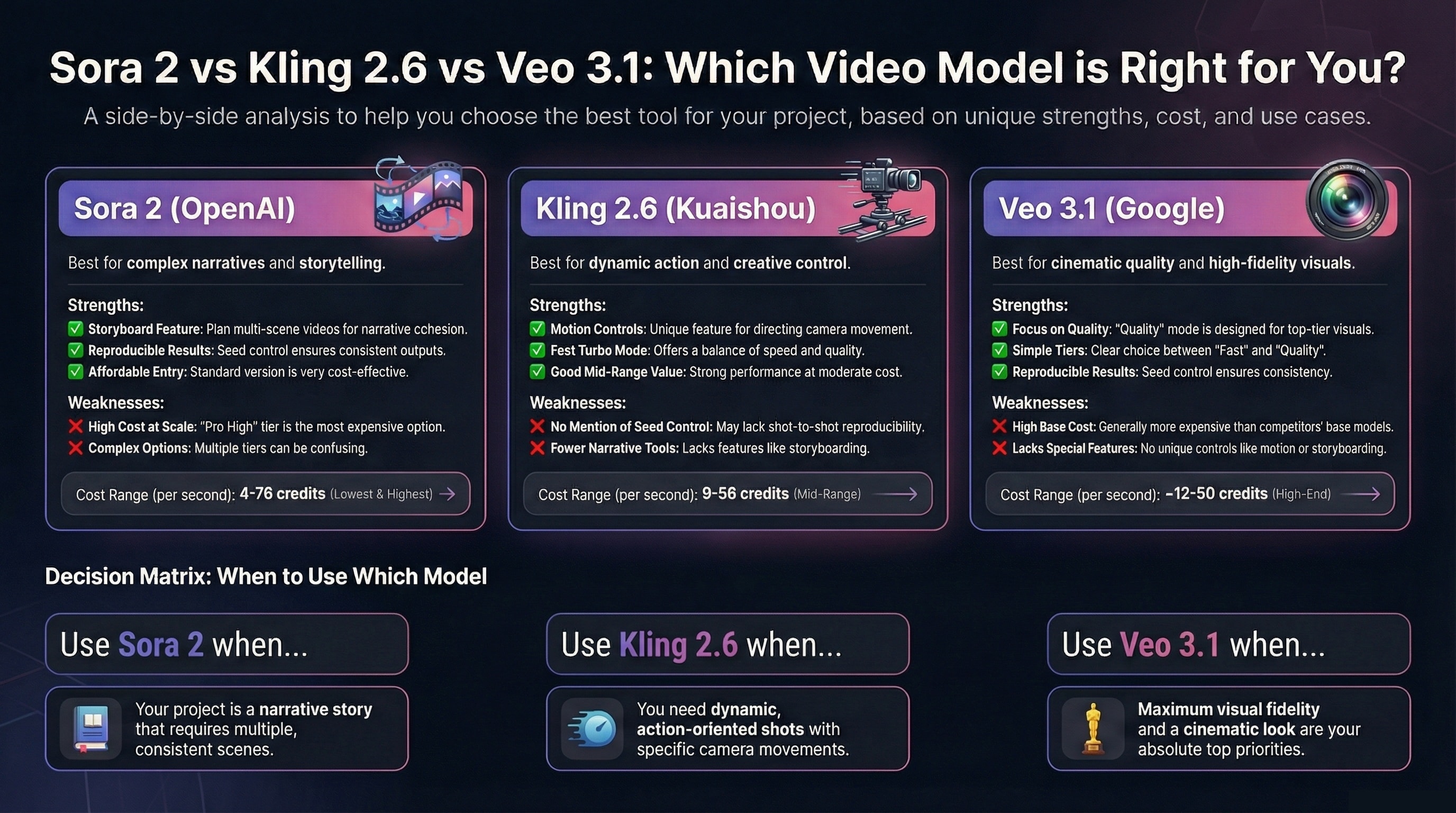Sora 2 vs Kling 2.6 vs Veo 3.1 video model comparison: side-by-side analysis of strengths, weaknesses, cost ranges, and when to use each AI video generation model