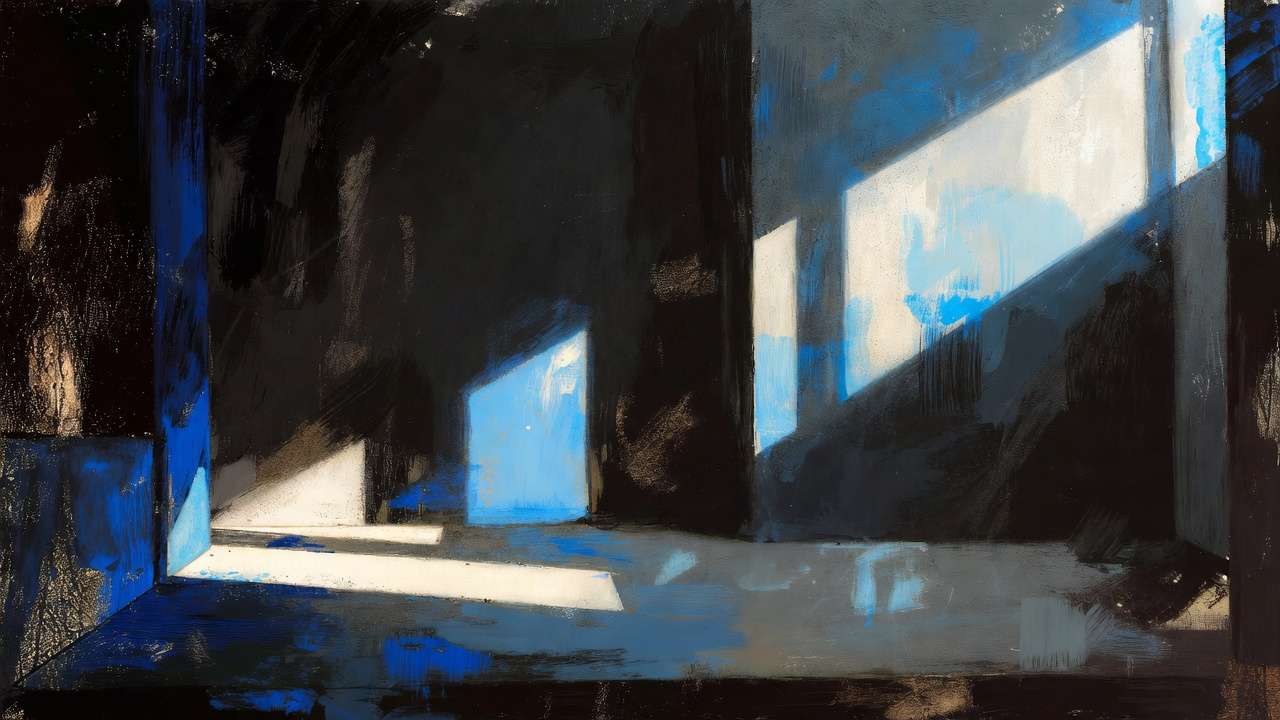 Abstract: blue light beams, geometric shapes, architectural shadows