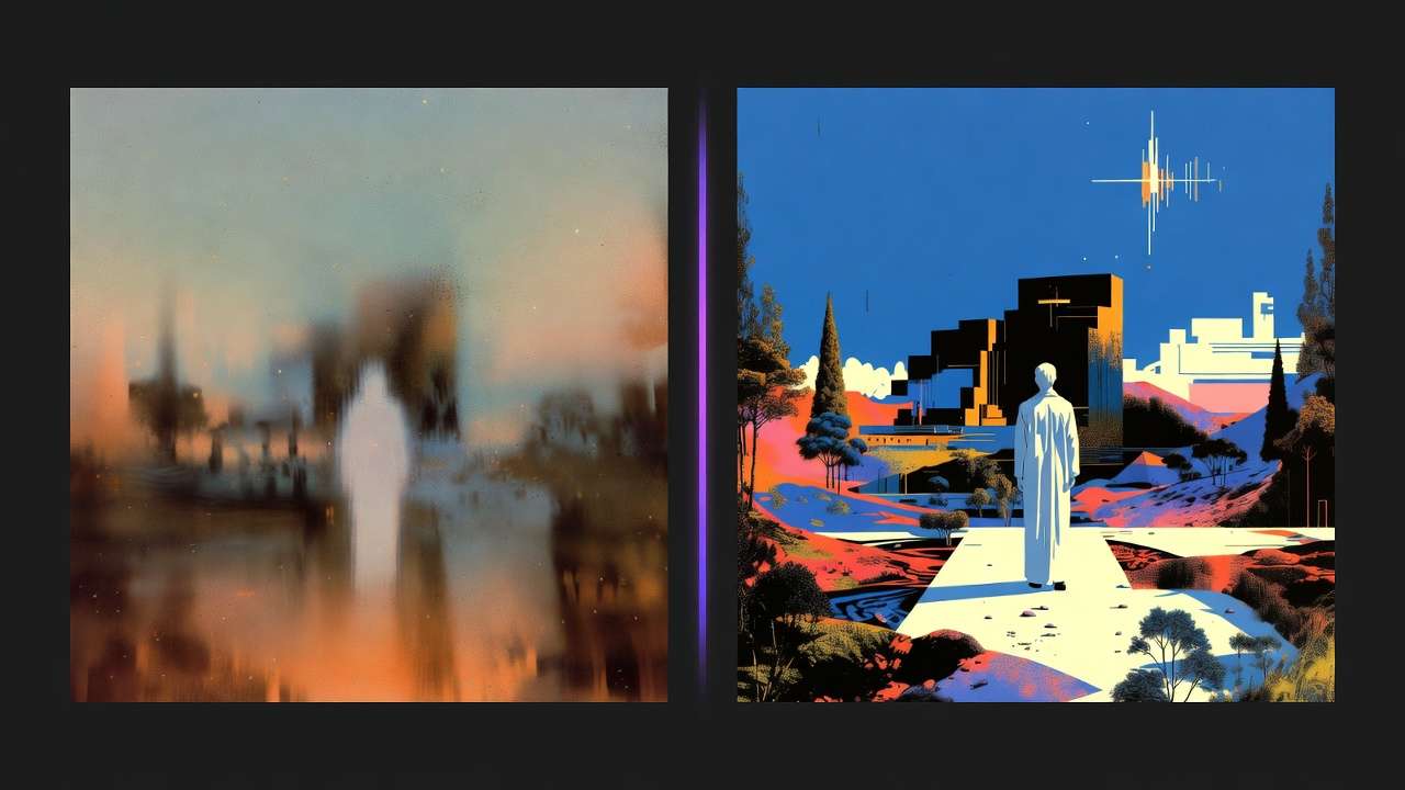 Diptych: blurry ethereal vs sharp geometric futuristic landscape