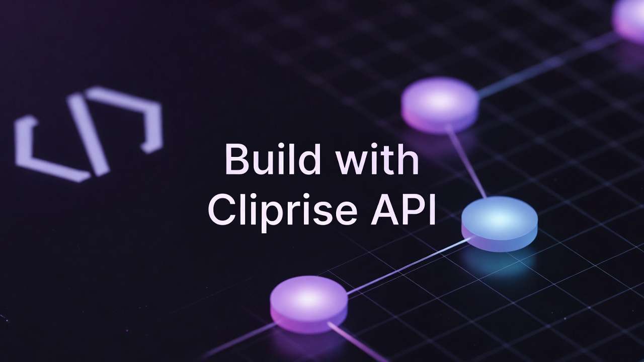 Build with Cliprise API, code icon, glowing network nodes
