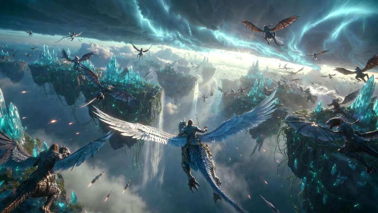 Epic fantasy: warrior on winged creature over floating islands, turquoise crystals, waterfalls
