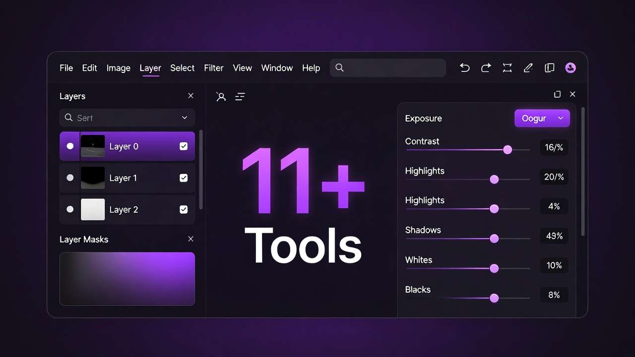 Image editor UI: Layers, Adjustment panel, 11+ Tools overlay