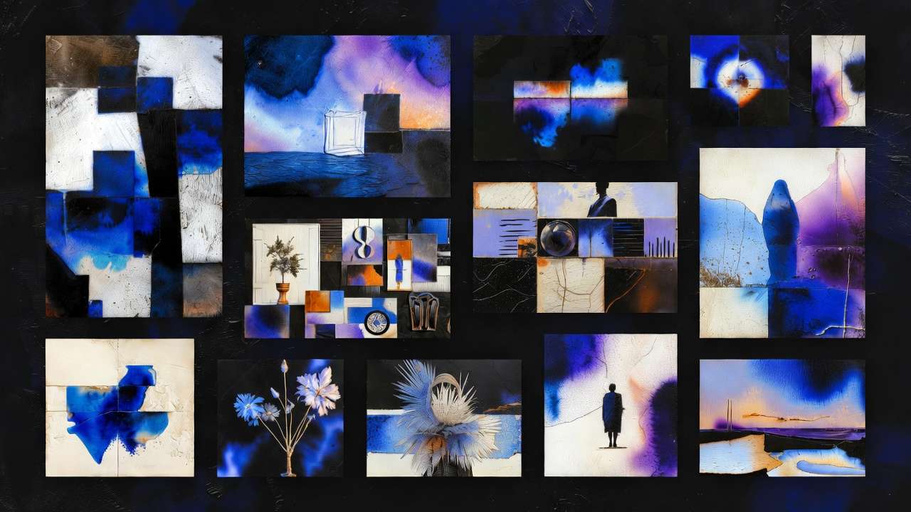 13-panel collage of abstract art