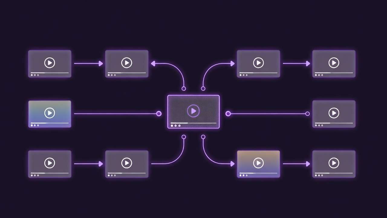 Video network: central hub, 10 nodes, purple lines