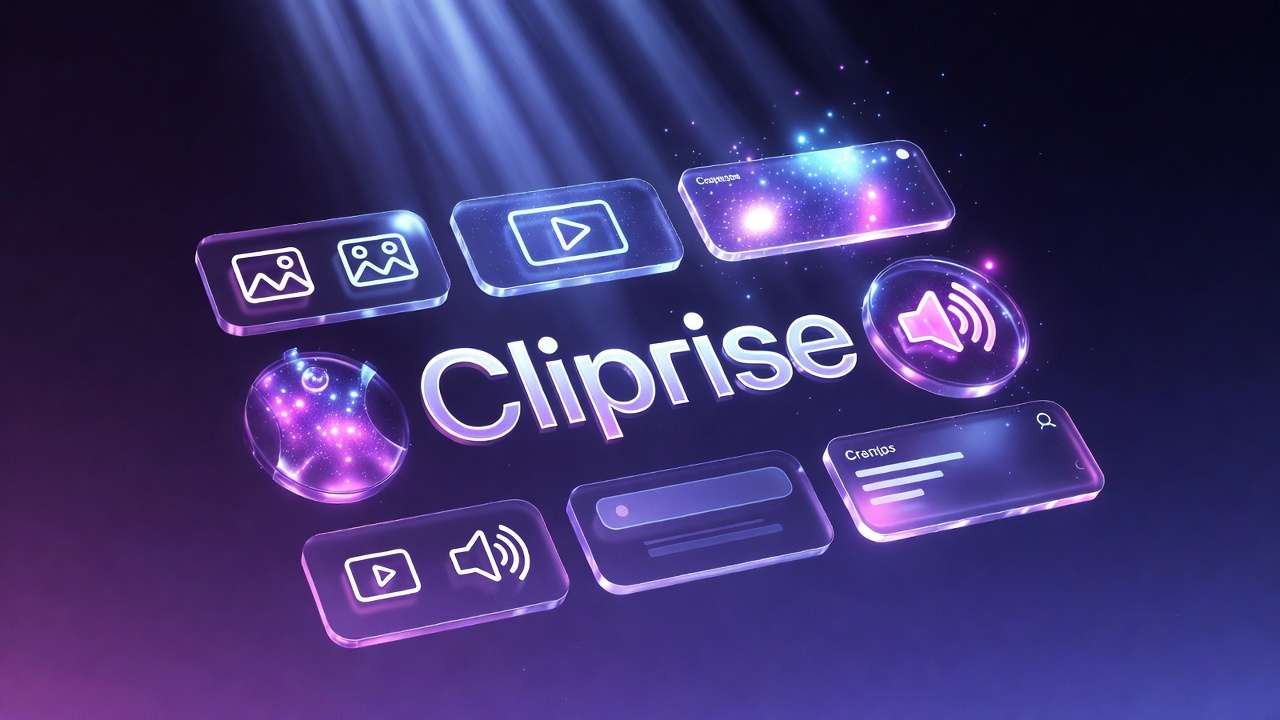 Cliprise text + UI elements: play, volume, slider, search