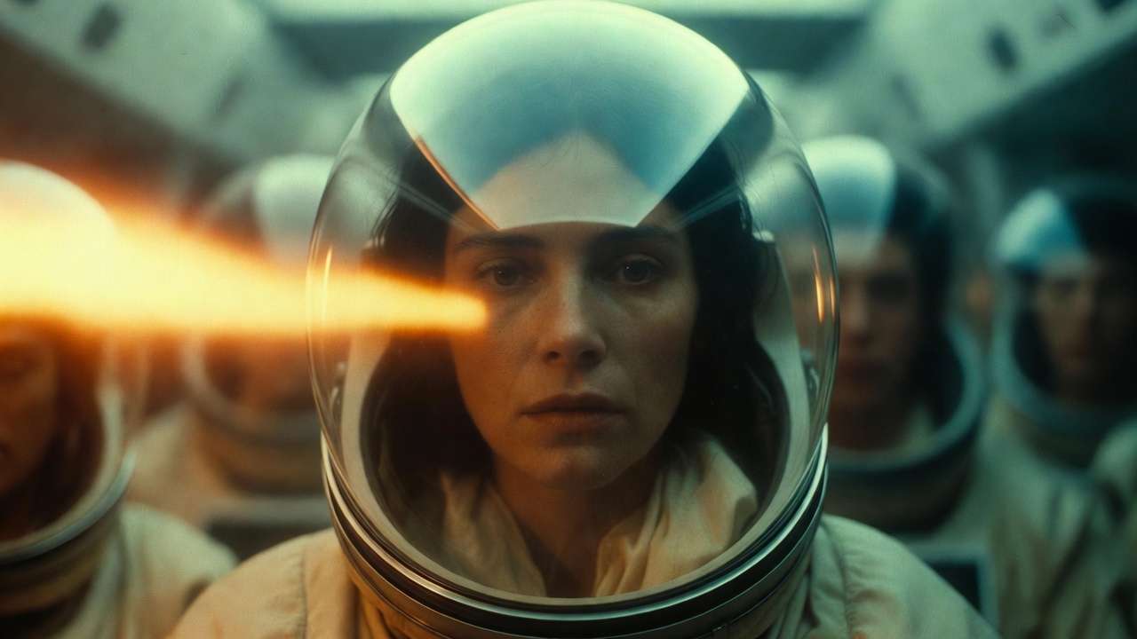 Woman in astronaut helmet, team in background, orange light beam