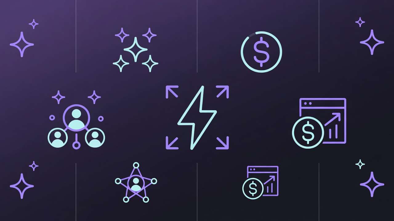 Icons: $, lightning, team network, growth chart
