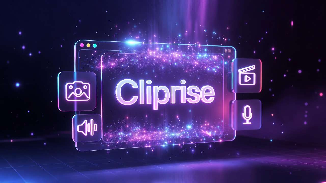 Cliprise text in window, icons: camera, audio, video, microphone