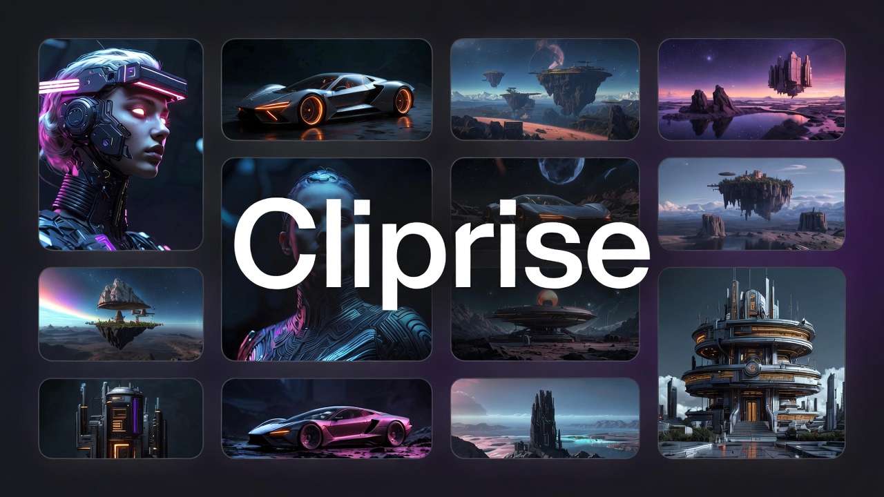 12-panel grid: cyborg woman, cars, floating islands, futuristic buildings