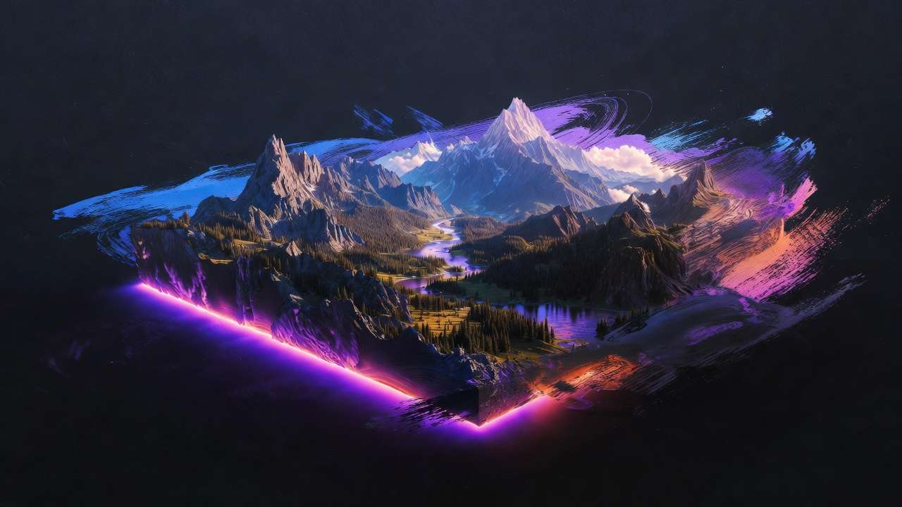 Floating fantasy landscape: snow mountains, purple river, forests, neon purple-orange edges, cosmic void