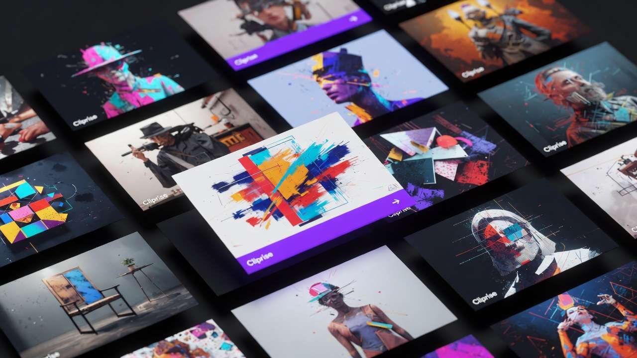 20+ Cliprise art cards in overlapping grid: abstract, portraits, landscapes