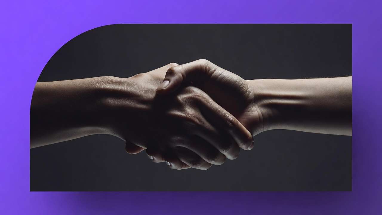 Two hands shaking, partnership symbol, monochrome with purple frame
