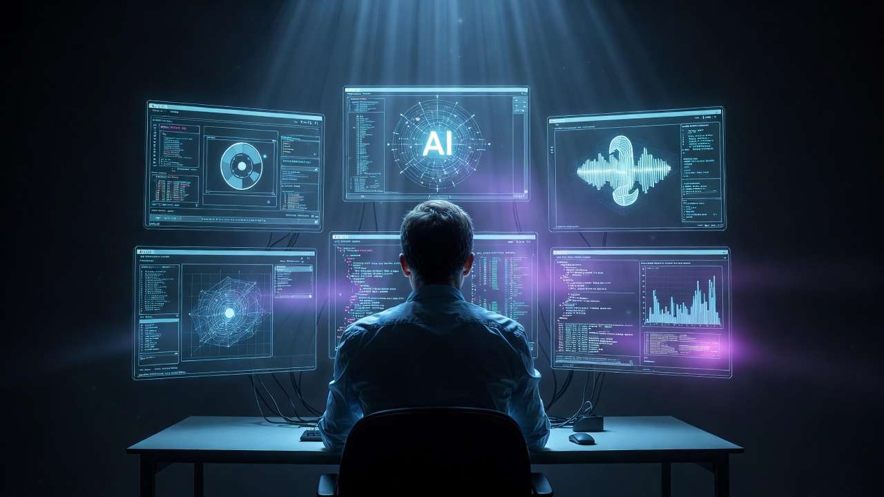 Man at desk, six holographic screens with AI, code, data viz