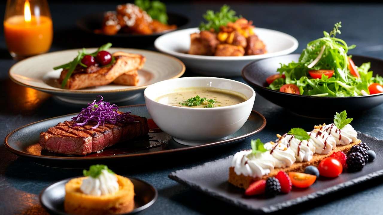 Gourmet spread: steak, soup, salad, berry desserts, candle