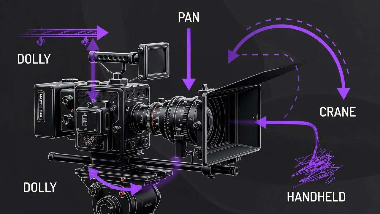 Cinema camera with labels: Dolly, Pan, Crane, Handheld