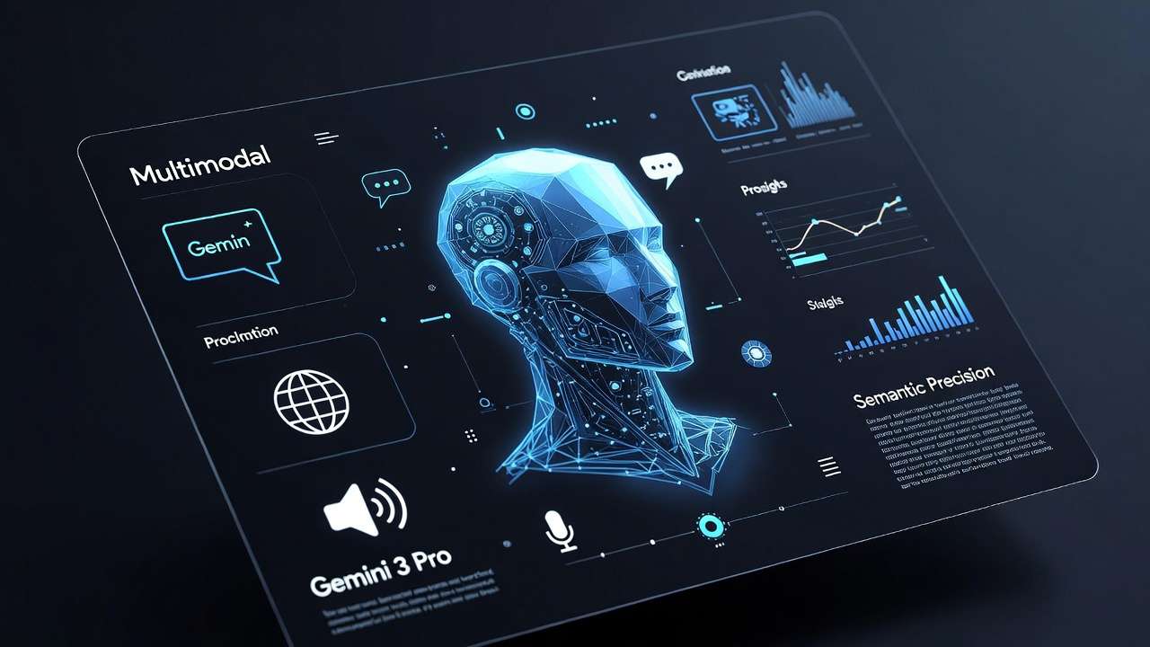 Futuristic tablet: glowing blue polygonal AI head, Multimodal, Gemini 3 Pro, data charts