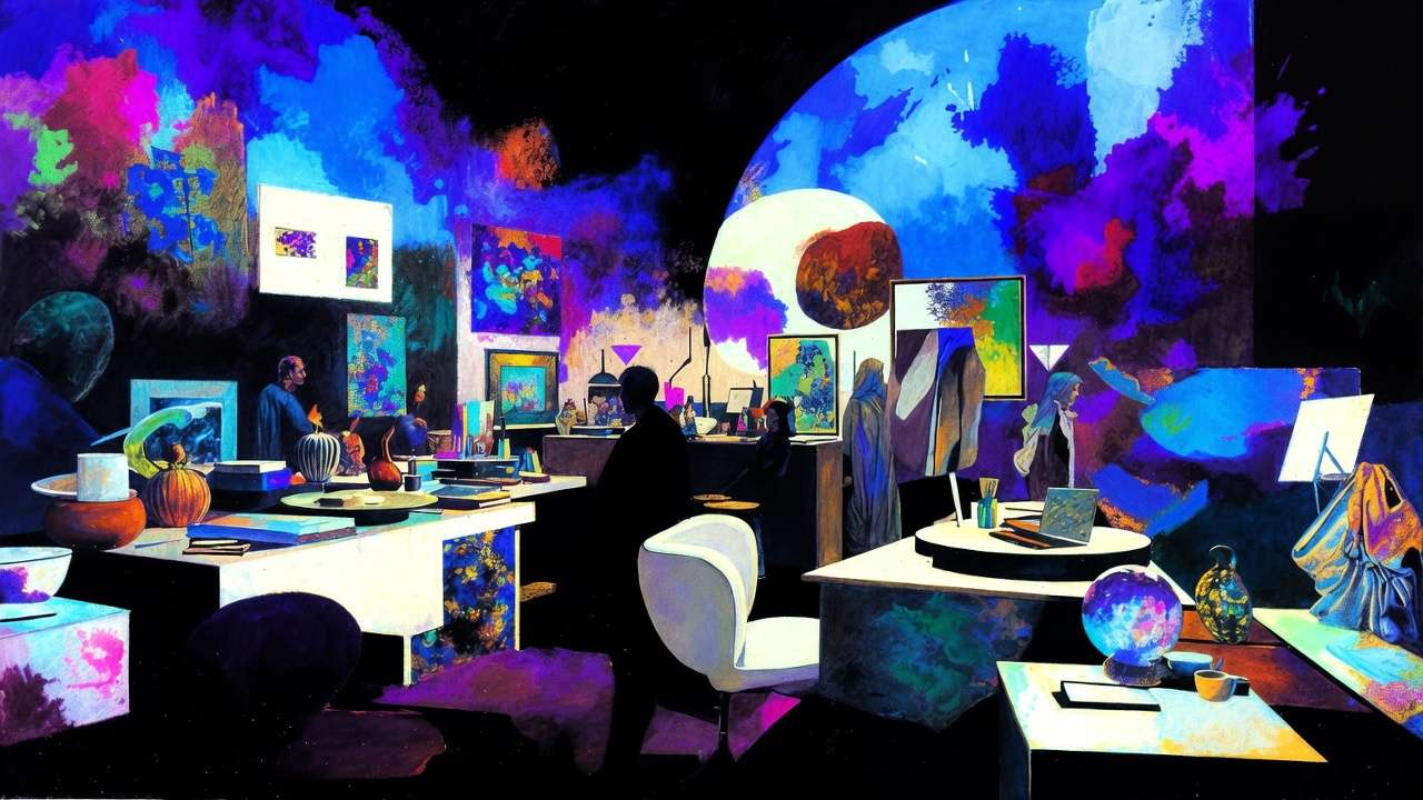 Neon workspace, Generate button, cyberpunk studio