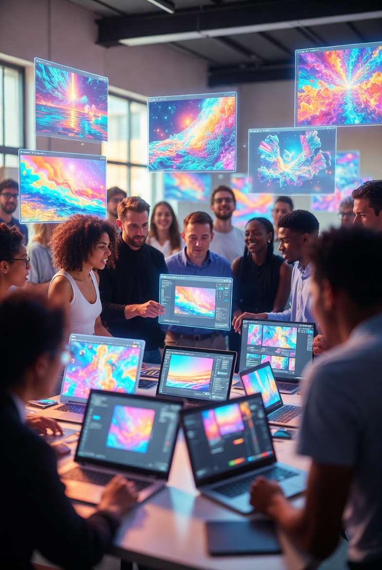 Team with holographic screens, laptops, abstract images