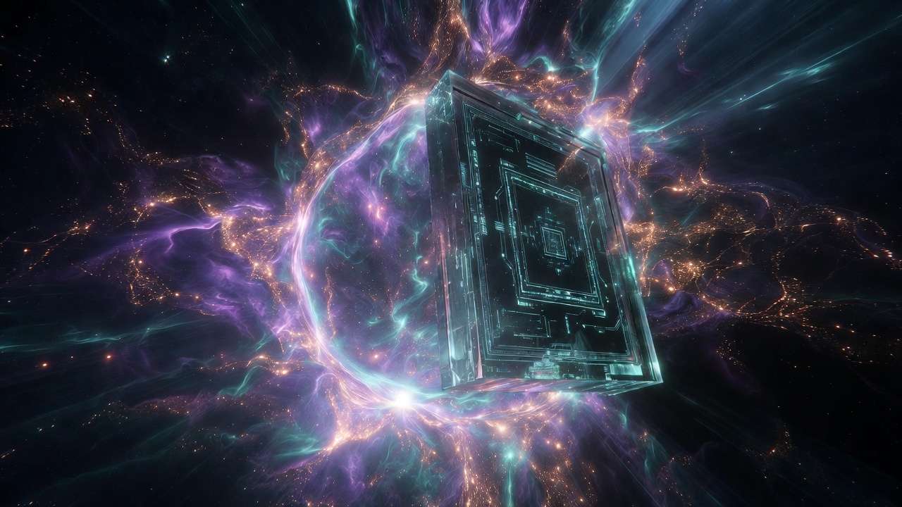 Cosmic circuit cube, glowing neural elements