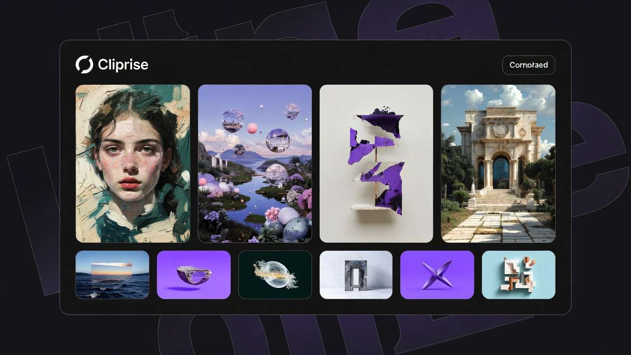 Cliprise UI gallery: 9 images, portraits, landscape, abstract