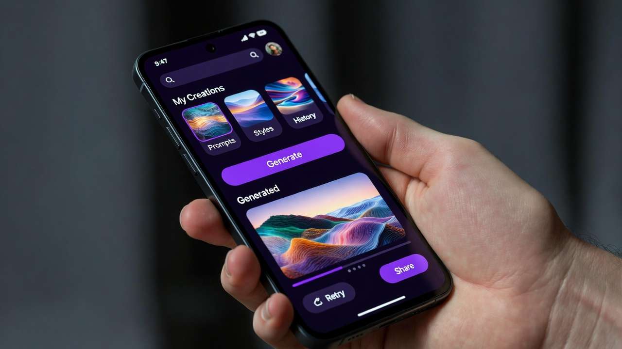Hand holding smartphone: My Creations, Prompts, Styles, Generate