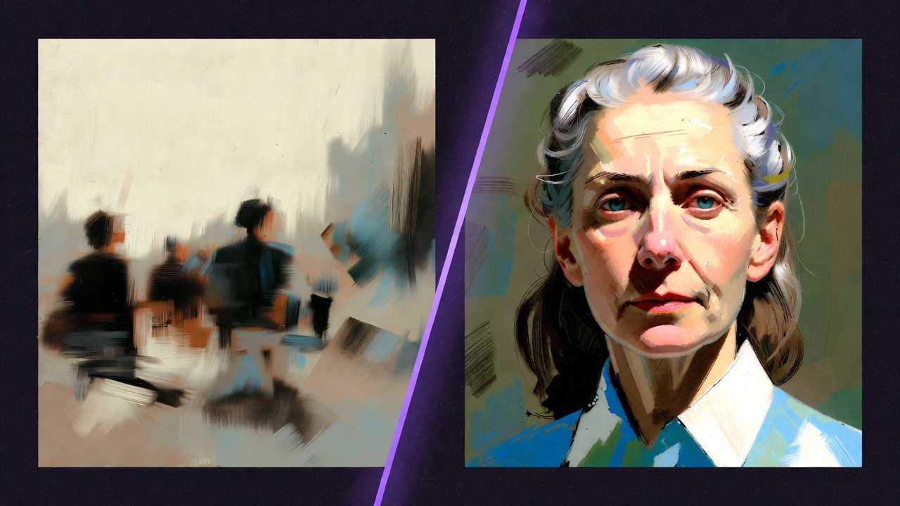 Split: blurry café figures vs sharp portrait of older woman
