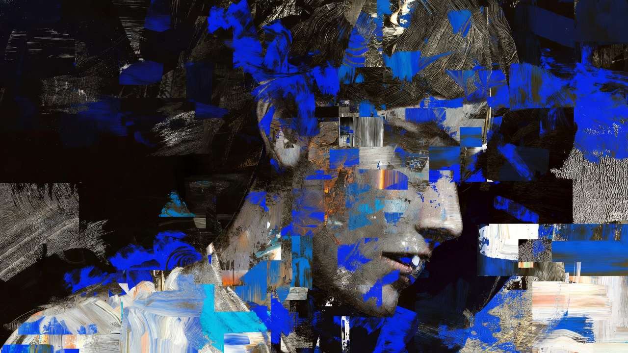Glitch face profile, blue fragments