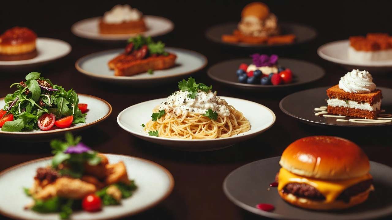 Food photography: spaghetti, hamburger, salad, cake