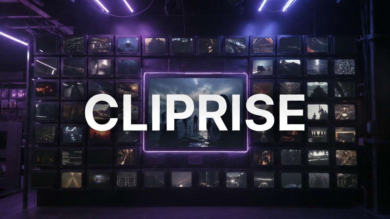 Video wall: CLIPRISE on screen, CRT grid, purple neon