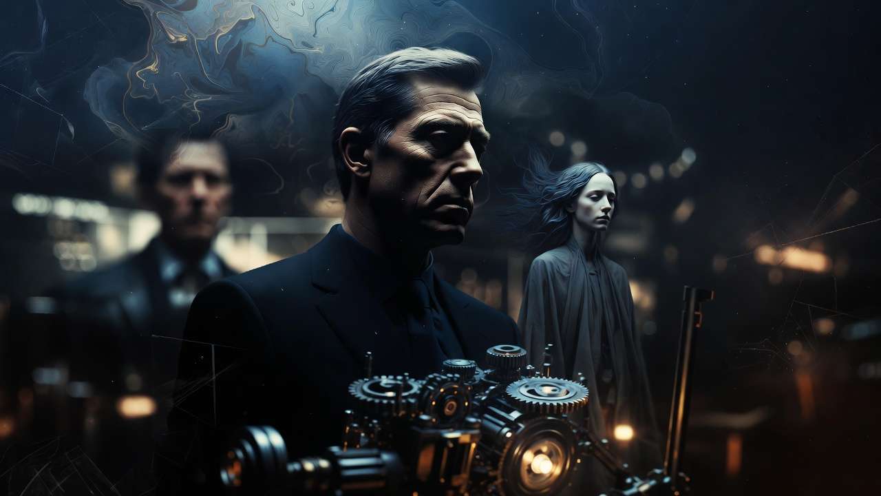 Man in suit holding gears, woman in draped fabric