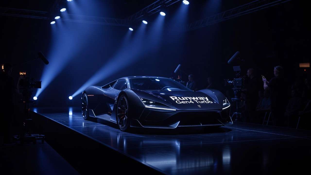 Runway Gen4 Turbo car on stage, blue spotlights