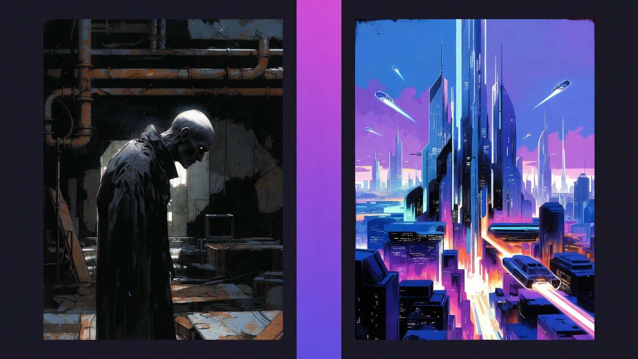 Split: dystopia decay vs cyberpunk city with hovercar