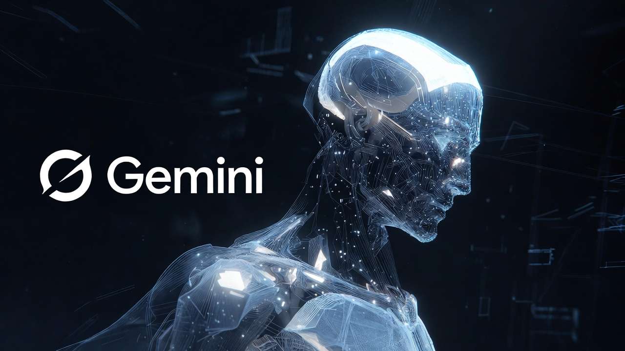 Gemini logo + wireframe human with glow brain