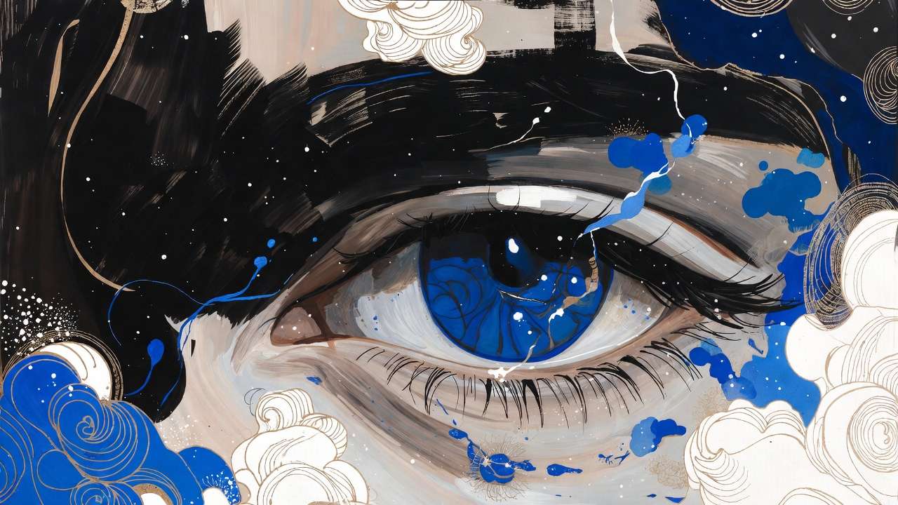 Eye with galaxy iris, gold outlines, cosmic splatters