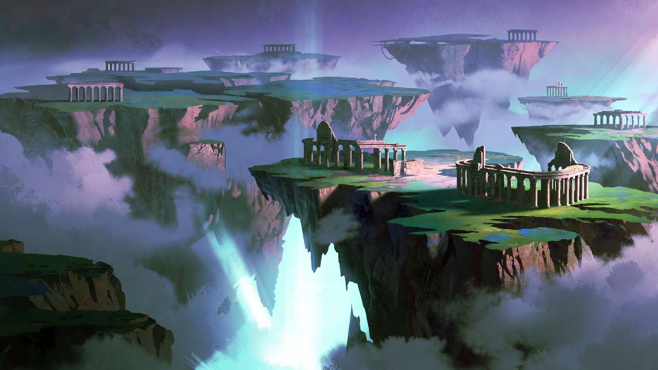 Floating islands, ancient ruins, god rays, turquoise glow