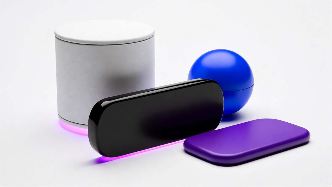 4 geometric objects: cylinder, black capsule, blue sphere, purple rectangle