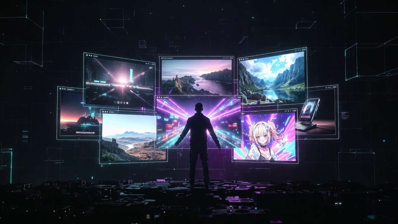 Silhouette in front of 7 screens: landscapes, anime, tunnel