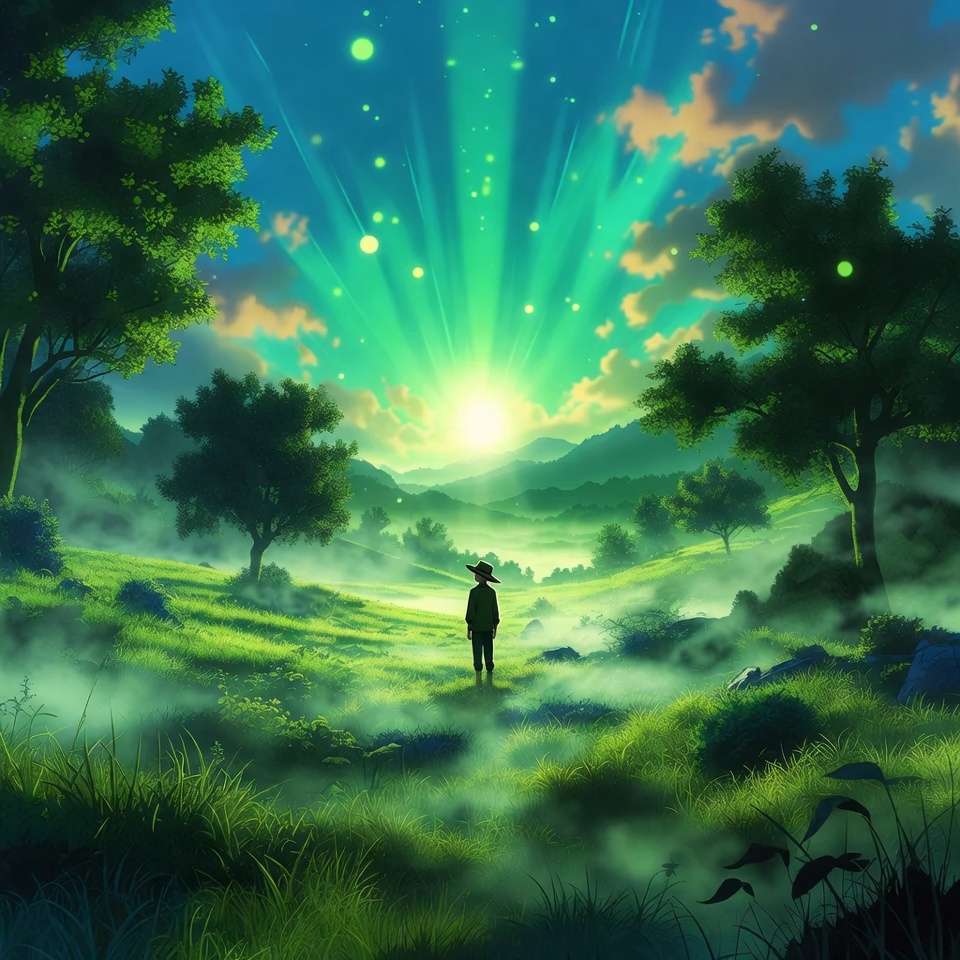 Glowing green landscape, discovery theme