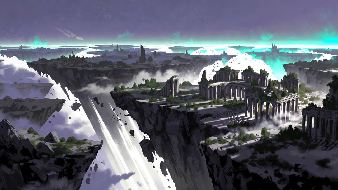 Floating islands with ancient ruins, glowing elements