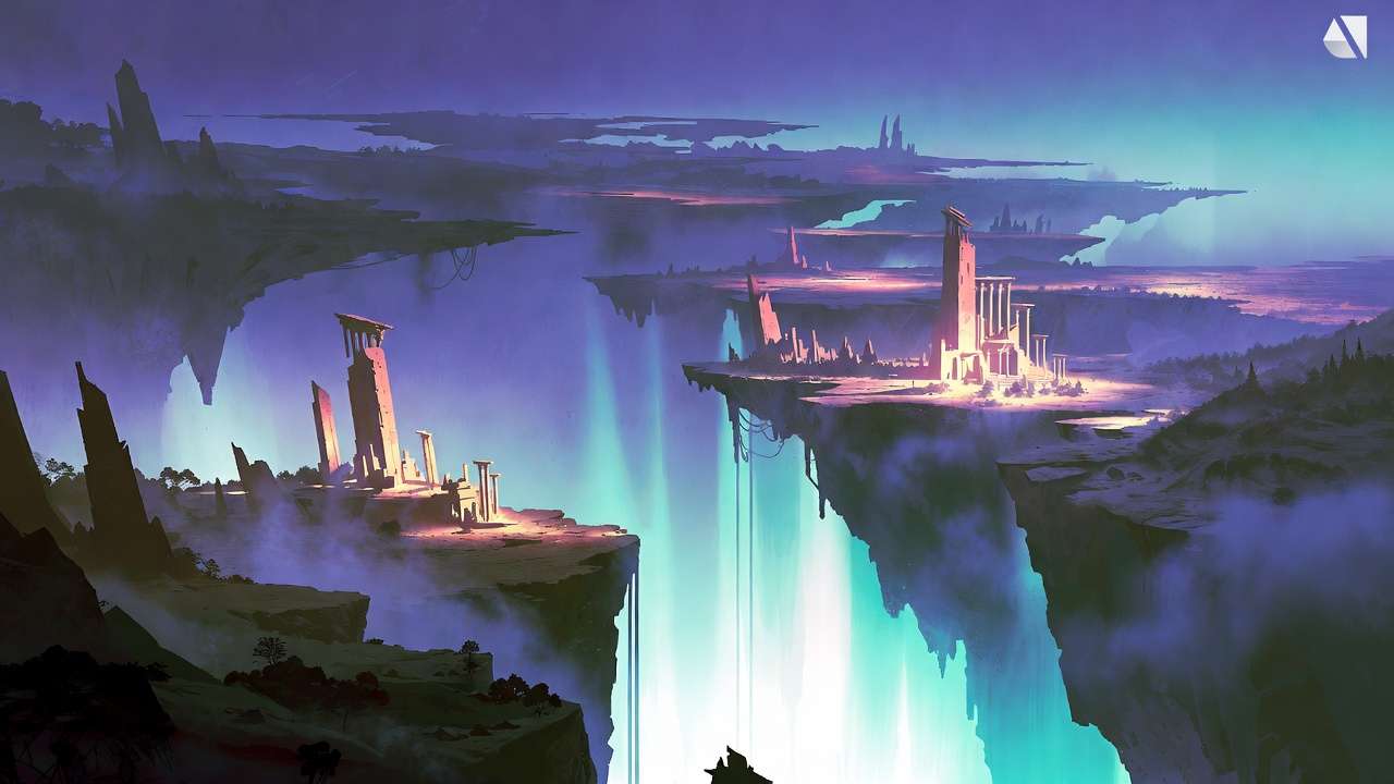 Floating islands, ancient glowing ruins, cyan light falls in chasm