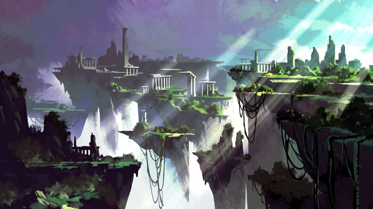 Floating islands, ancient ruins, god rays