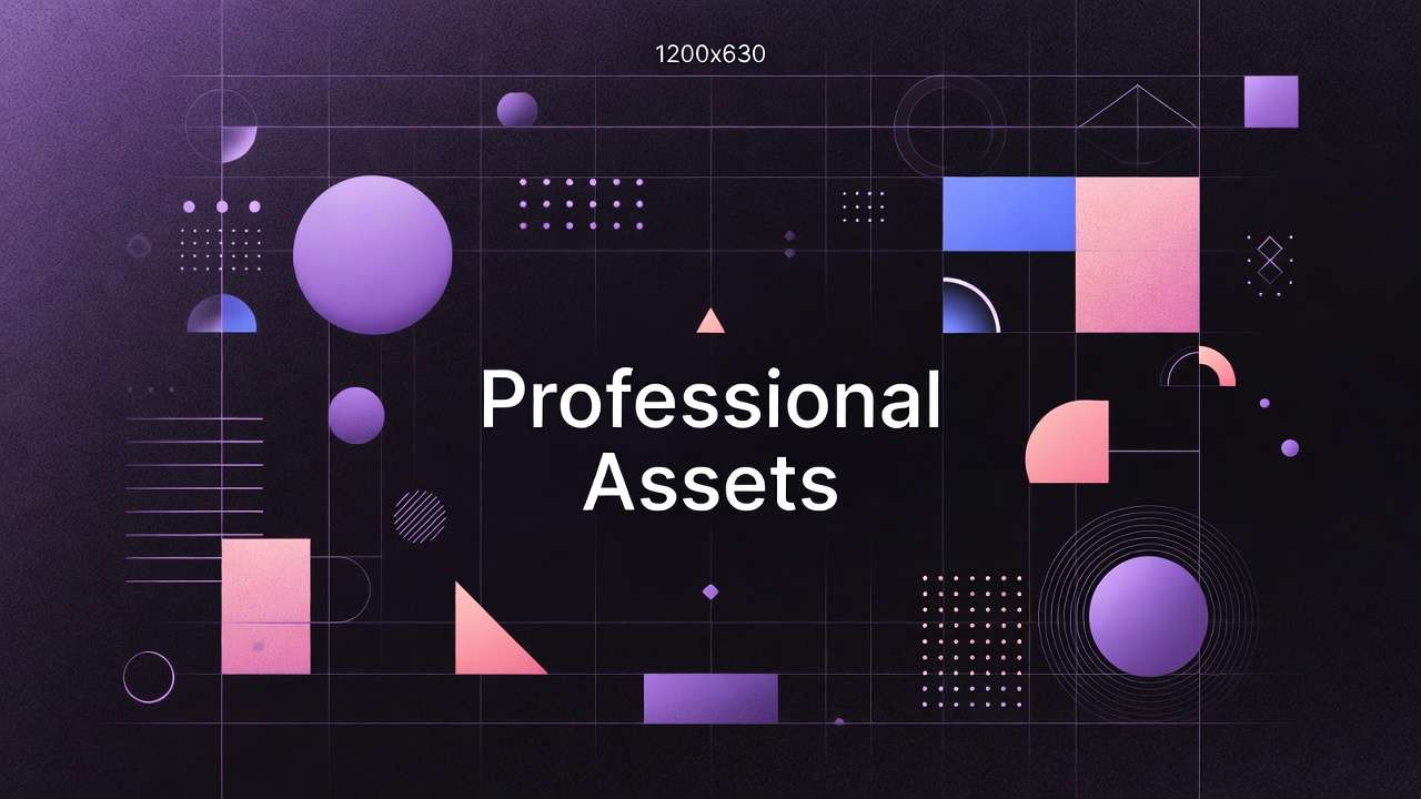 Professional Assets text, abstract circles in purple, pink, blue on dark grid