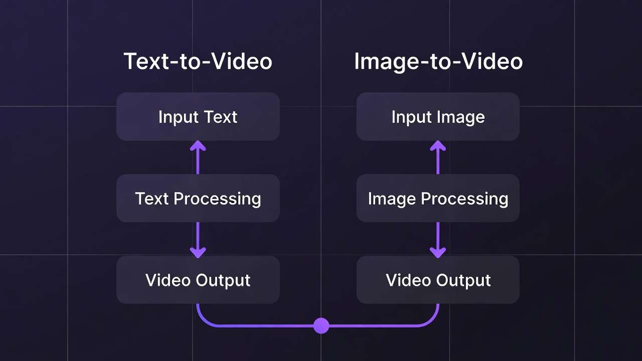 Flowchart: Text-to-Video vs Image-to-Video workflows, Video Output