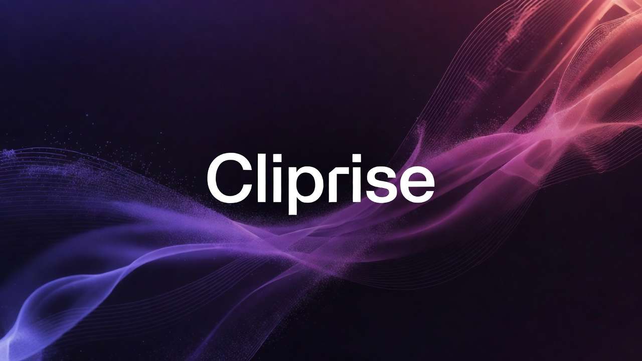 Cliprise branding on dark background with purple and orange swirling luminous lines, particle effects