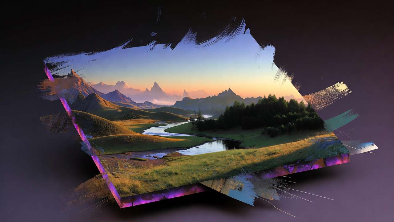 Rolling green hills, winding river, dense forest, distant mountains under warm gradient sky