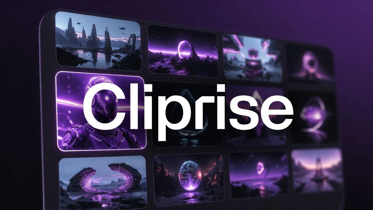Grid of 12 AI-generated sci-fi and fantasy images in purple hues, Cliprise logo overlaid on screen