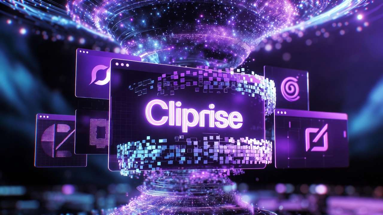 Cliprise screen surrounded by floating holographic app icons, purple-blue vortex, pixelated border