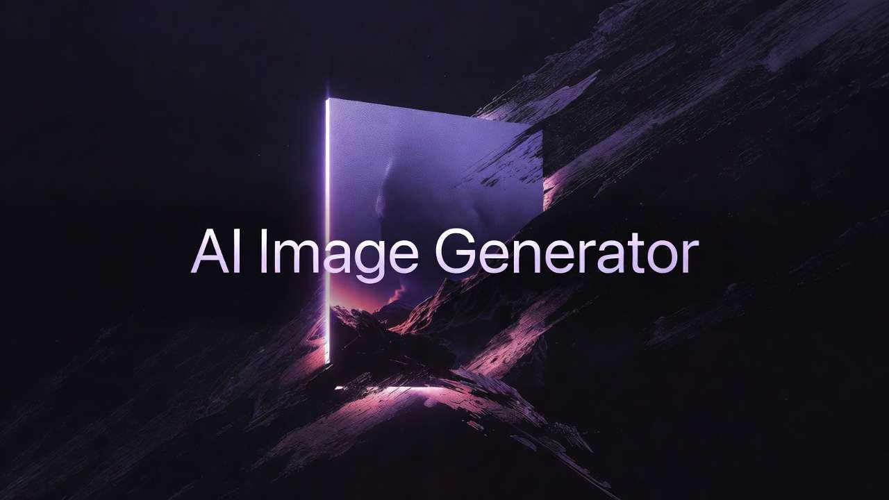 Glowing purple portal in rugged dark landscape, AI Image Generator text centered