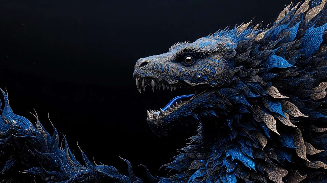 Dragon profile, blue scales, electric blue